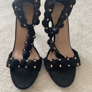 Black suede T strap sandals heels stilettos Sz 7.5